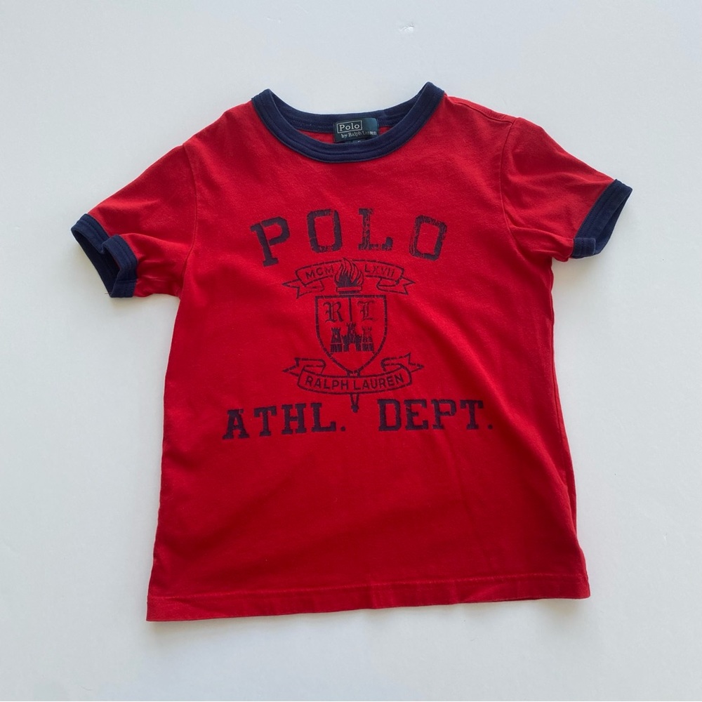 Polo Ralph Lauren Red Navy Spell Out Ringer Style Shirt Boys Size 5 Cotton